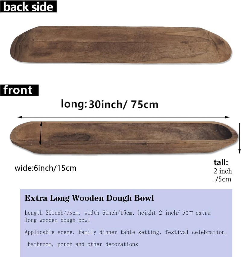 BEDAZE Wooden Dough Bowls Decorative，Rustic Bread Long Bowls Decor Wood Tray, Hand Carved for Table Centerpiece Decor, Home Decor(30 * 6 * 2 inch Brown) - Image 2